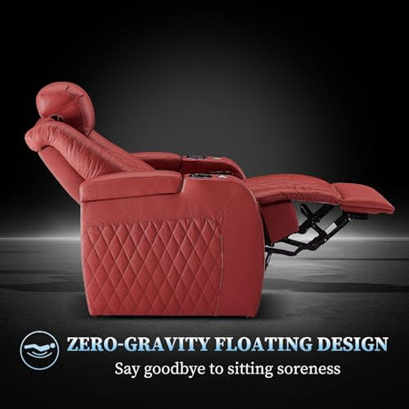 PBRO Home Theater Seating Genuine Leather Recliner Chair, Power Reclining & Headrest, USB A/C Charging Ports, Tray Table, Cup Holder Ambient Lighting Red Row of 1 PBRO