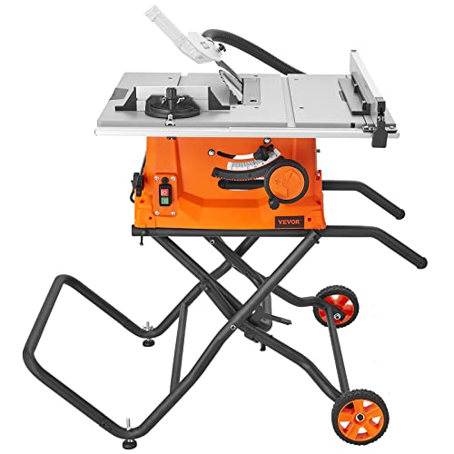 VEVOR Table Saw with Stand, 10-inch 15-Amp, 25-in Max Rip Capacity, Cutting Speed up to 5000RPM, 40T Blade, Portable Compact Jobsite Tablesaw w/Sliding Miter Gauge for Woodworking & Furniture - WoodArtSupply