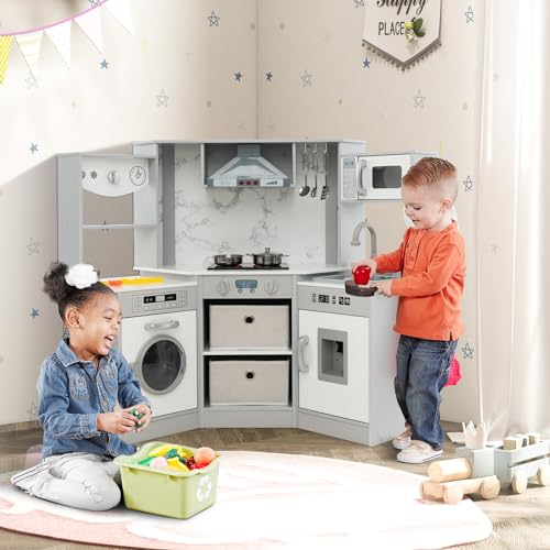HONEY JOY Corner Kids Kitchen Playset, Wooden Play Kitchen for Toddlers, Range Hood, Water Circulation, Water Dispenser, Storage Box, Little Chef Pretend Toy Kitchen Set w/Lights & Sounds, Gray HONEY JOY