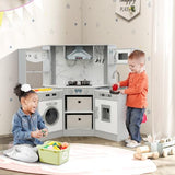 HONEY JOY Corner Kids Kitchen Playset, Wooden Play Kitchen for Toddlers, Range Hood, Water Circulation, Water Dispenser, Storage Box, Little Chef Pretend Toy Kitchen Set w/Lights & Sounds, Gray HONEY JOY