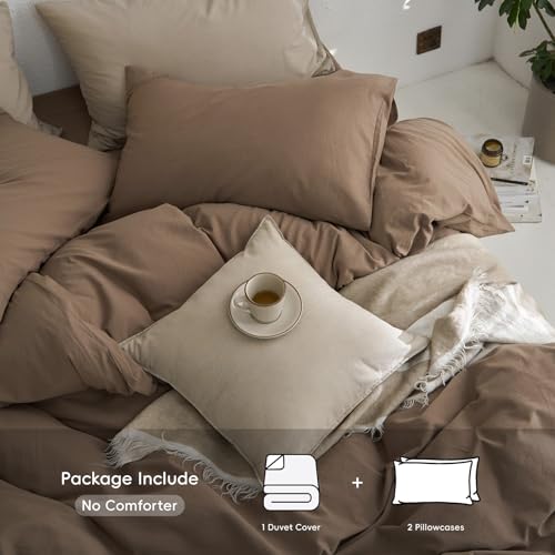 MooMee Full Duvet Cover Set, 100% Washed Cotton Linen Like Twill Thick Sturdy Material Super Soft Breathable Durable Bedding for All Season, 3 Pieces (Bombay Brown, Full 80"x90") MooMee