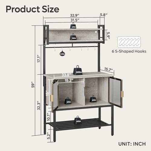 Bestier Retro Grey Oak 5-Tier Multifunctional Bakers Rack with Storage Cabinet & LED Light Bestier