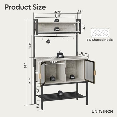 Bestier Retro Grey Oak 5-Tier Multifunctional Bakers Rack with Storage Cabinet & LED Light Bestier