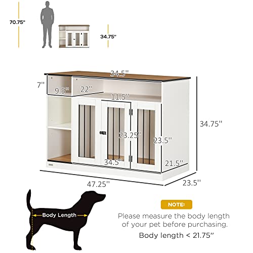 PawHut Dog Crate Furniture with Adjustable Shelf, Dog Crate End Table, Indoor Pet Crate for Medium and Large Dogs, with Large Flat Surface, 47" x 23.5" x 35", White