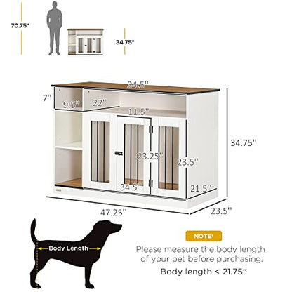 PawHut Dog Crate Furniture with Adjustable Shelf, Dog Crate End Table, Indoor Pet Crate for Medium and Large Dogs, with Large Flat Surface, 47" x 23.5" x 35", White - WoodArtSupply