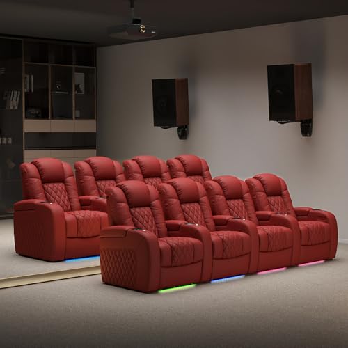 Weilianda Home Theater Seating Top Grain Leather Zero Gravity Recliner Chair Power Headrest Recline Movie Seat Gaming 7 Colors Mood Light Sofa with Tray Table USB Charge Row of 1 Red Weilianda