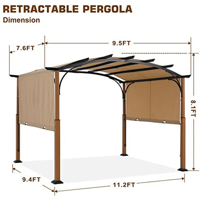 MASTERCANOPY 10' X 12' Outdoor Retractable Pergola with Sun Shade Canopy Patio Metal Garden Pergola,Beige - WoodArtSupply