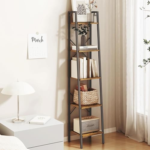 Hzuaneri 5-Tier Industrial Ladder Shelf in Rustic Brown with Hooks for Versatile Home Storage - WoodArtSupply