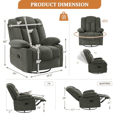 Vawobl Swivel Rocker Recliner Chair for Adults – Manual Glider Sofa with Massage, Heat & Vibration, 360° Rocking for Living Room (Dark Gray, 30"x30"x40") Vawobl