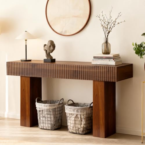 ZYBT 56" Fluted Console Table, Boho Vanity Desk Wooden Narrow Sofa Table Behind The Couch, Farmhouse Entryway Table for Entrance, Hallway,Living Room,Bedroom, Home Office,Brown ZYBT