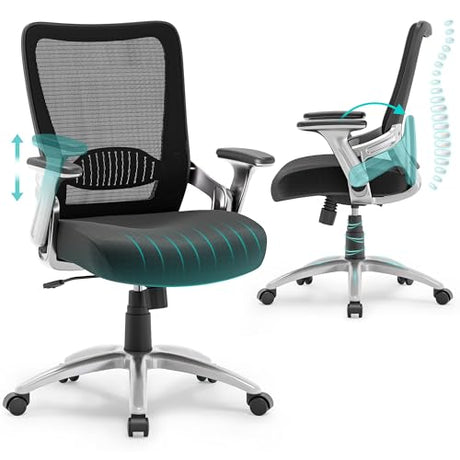SUNNOW Office Chair, Ergonomic Computer Desk Chair, Sturdy Executive Task Chair - Adjustable Lumbar Support, Flip-up Arms, Tilt Function, Comfy Wide Seat, Swivel Mesh Home Office Desk Chairs (Black) SUNNOW