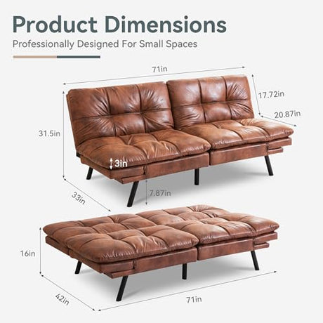 AMICLIBER Futon Sofa Bed Convertible Couch, Brown Faux Leather Sofa Bed with Memory Foam, Adjustable Backrest & Armrests, Multifunctional Small Loveseat Sleeper Sofa for Living Room, Apartment, Office AMICLIBER