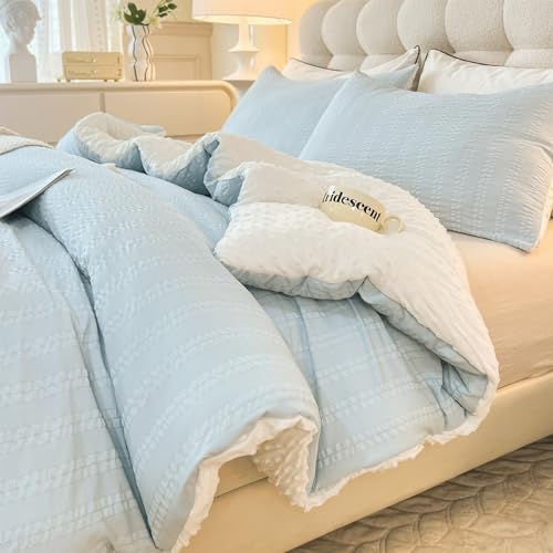 tohrisa Boho Comforter Set Full Size Striped Pleats Bohemian Seersucker Bedding Set All Season Soft Cozy 3 Pieces Quilt with 2 Pillowcases(80"X90" Light Blue) tohrisa