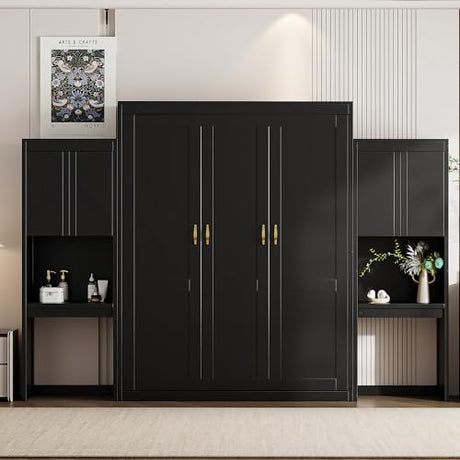 Quarte Queen Size Murphy Bed with Cabinet, Desk & Vanity - Space-Saving Wall Bed Furniture for Small Rooms,Multi-Functional Fold-Down Bed with Storage (Espresso#V) Quarte