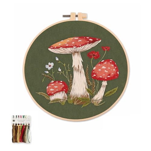 artcici Embroidery Kits Plant Mushroom Patterns for Beginners Adults, Full Range Embroidery Starter Kits Cross Stitch Needlework Supplies (Green)
