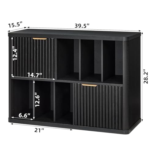 LEYAOYAO Large Record Player Stand with Vinyl Storage Up to 450 Albums, Wood Fluted Boho Record Storage Accent Cabinet, Modern Stereo Media Cabinets, Wide Turntable Stand for Living Room, Black Oak LEYAOYAO