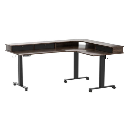 FEZIBO Triple Motor 63" L Shaped Standing Desk with 3 Drawers, Electric Gaming Desk Adjustable Height, Corner Stand up Desk with Splice Board, Black Frame/Black Walnut Top