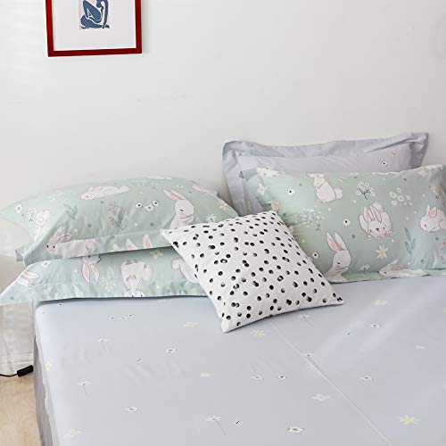 BlueBlue Rabbit Kids Duvet Cover Set, 100% Cotton Bedding for Boys Girls Teens Single Bed, Cartoon White Rabbit Flower Pattern Print on Light Green, 1 Comforter Cover 2 Pillowcase (Twin, Cute Rabbit) BlueBlue