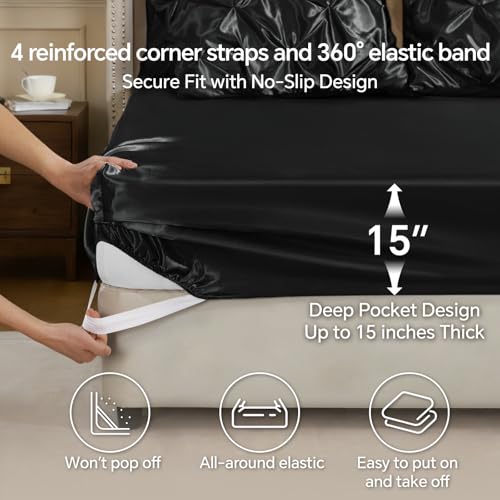 BEDELITE Satin Comforter Set Queen Size, 7 Pieces Luxury Pintuck Bed in A Bag with Comforter, Flat Sheet, Fitted Sheet, Pillowcases, Shams, Soft Cozy Similar to Silk Bed Set for All Seasons (Black) BEDELITE
