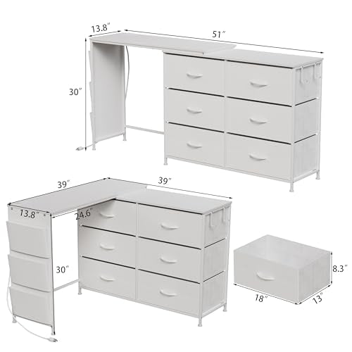 Simoretus Modern Corner Vanity Desk with 6 Fabric Drawers Power Outlet Side Pocket L Shaped Drawers Makeup Desk Dressing Table for Girls Women Bedroom (White) Simoretus