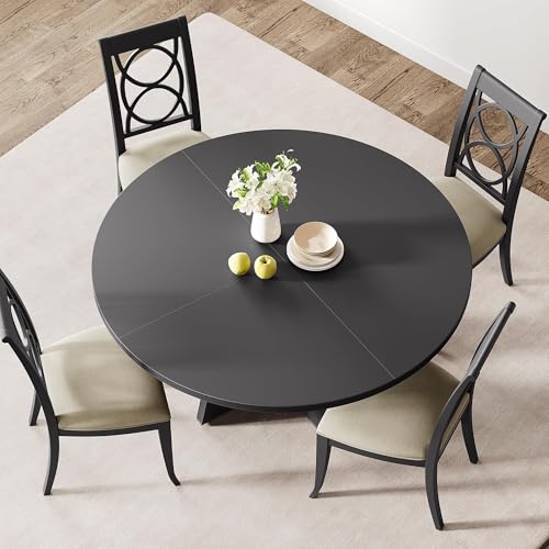 GAOMON 47 Inch Round Farmhouse Dining Table for 4-6 People, Large Kitchen Table with Adjustable Feet, for Dining Living Room, Black GAOMON