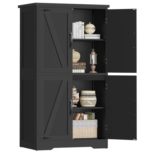 TEENFON Farmhouse Storage Cabinet with 2 Adjustable Shelves, Kitchen Cabinet with 4 Doors, Cupboard for Kitchen, Living Room, Black TEENFON