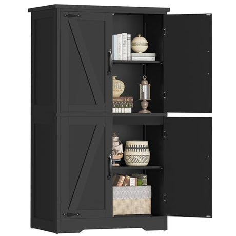TEENFON Farmhouse Storage Cabinet with 2 Adjustable Shelves, Kitchen Cabinet with 4 Doors, Cupboard for Kitchen, Living Room, Black TEENFON
