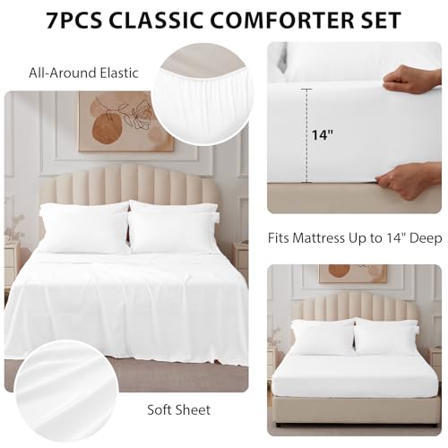 Velorose Queen Comforter Set White - Bed in a Bag Queen Size 7 Pieces, Soft Bedding Set for All Seasons, Premium Queen Comforter Set with Comforter, Sheets, Pillowcases & Shams Velorose