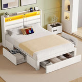 Seventable Twin Size Bed Frame with 3 Storage Drawers & Charging Station, Upholstered Platform Bed with Storage Headboard and LED Light, No Box Spring Needed, Noise Free, Easy Assembly, Cream White Seventable