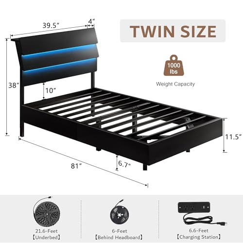 iPormis Floating Twin Size Bed Frame with LED Lights & Charging Station, Platform Bed with Wooden Storage Headboard, Heavy Duty Slats Support, No Box Spring Needed, Easy Assembly, Noise-Free, Black iPormis