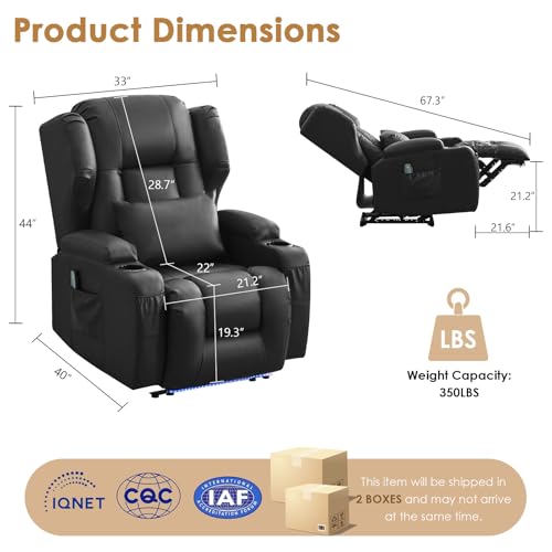 SAMERY Power Recliner Chair with Massage and Heat, Zero Wall Hugger Recliners Sofa Chair for Small Spaces, Theater Seating RV Sofa with LED Surround Lighting/USB/Cup Holders, Faux Leather, Black
