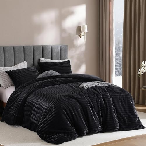 weigelia Black Comforter Full Set – Ultra Soft Plush Fleece Black Bed Set, Fluffy Warm Luxury Bedding Comforter with 2 Pillowcases, Cozy Heavy Warm Bed Set for Winter weigelia