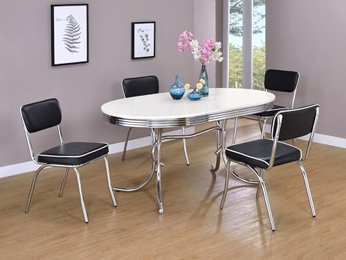Coaster Home Furnishings Retro 1950s Soda Fountain Diner 5-Piece Dining Room Set Oval Table White Laminate Top Black Faux Leather Upholstered Dining Side Chairs Sturdy Steel Chrome Base 2065-S5 Coaster Fine Furniture