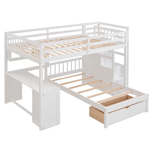 Harper & Bright Designs Full Over Twin Bunk Bed with Stairs, Storage Drawers, Full Size Loft Bed Frame with Desk and Shelves, White Harper & Bright Designs