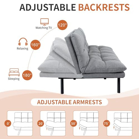 MUUEGM Futon Sofa Bed，Memory Foam Futon Convertible Couch Bed, Sofa Bed Couch,Modern Loveseat Sofa,Sleeper Couch for Small Space，Apartment, Living Room,Adjustable Backrests Armrests,Light Grey MUUEGM