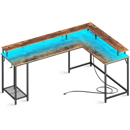 SUPERJARE L Shaped Gaming Desk with Power Outlets & LED Lights, 66 Inch Computer Desk with Monitor Stand & Storage Shelf, Home Office Desk Corner Desk with Hooks, Rustic Brown - WoodArtSupply