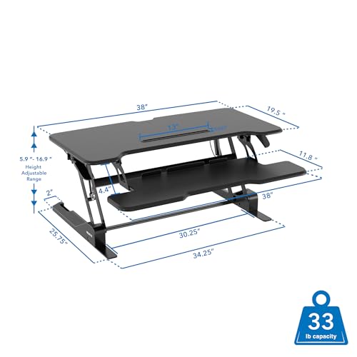 Mount-It! 38" Standing Desk Converter, Desktop Sit-Stand Desk Riser with Gas Spring Height Adjustment, Compact Desk Topper for Dual Monitors or Laptop, Keyboard Tray, Black Mount-It!