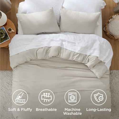 Bedsure Queen Comforter Set, Beige Soft Prewashed Bedding for All Seasons, 3 Pieces GentleSoft™ Bed Set, 1 Lightweight Comforter (90"x90") and 2 Pillowcases (20"x26") Bedsure