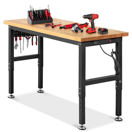 ENJOYWOOD Work Bench for Garage Workbench Adjustable Height Work Table with Pegboard for Shop Woodworking, 60 x 22 Heavy Duty Rubber Wood Top for Office, Home, Commercial ENJOYWOOD