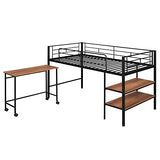 Harper & Bright Designs Twin Loft Bed Low Loft Bed Frame with Storage Shelves and Movable Table with Wheels, Metal Low Loft Beds Small Room/Low Ceiling Bedroom with Guardrail and Ladder, Black Harper & Bright Designs