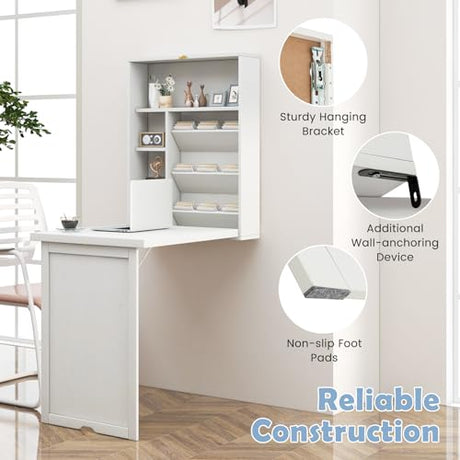 Tangkula Foldable Wall Mounted Desk, Floating Table with Storage Shelves & Hooks, Space-Saving Fold-Up Murphy Desk for Small Spaces, Home Office, Dorm Room Tangkula