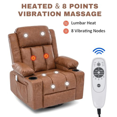 GAOHAPY Rocker Recliner Chair with Heat and Massage,360°Swivel Nursery Recliner Chair for Adults,Oversized Recliner Single Sofa Seat with 2 Cup Holders and Side Pocket (Brown) GAOHAPY