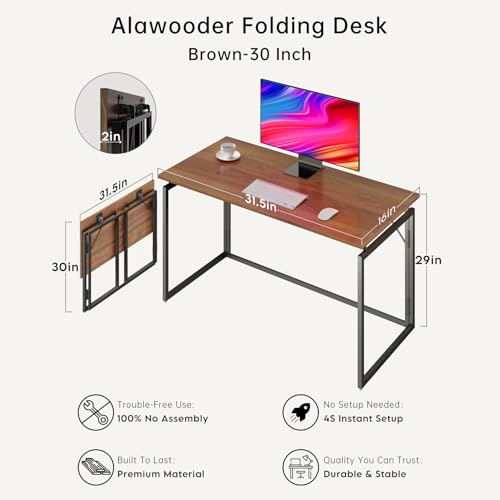 alawooder Folding Desk - 31.5" Wood Top Foldable Desk for Small Spaces | No Assembly Required Compact Desk for Home Office, Writing, and Study alawooder