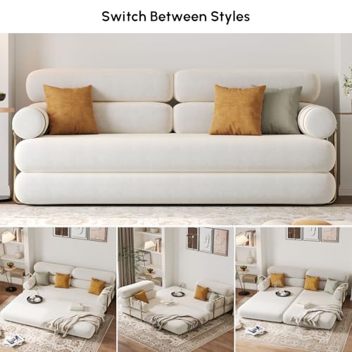 homary Velvet Futon Sofa Bed, 81" Convertible Sleeper Couch with Detachable Bolster Pillows, Stainless Steel Legs, Modern 3-Seater Sofa for Living Room, Apartment & Small Spaces (White) homary