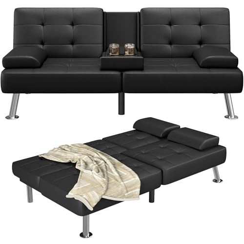 Furmax Futon Sofa Bed Adjustable Futon Couch Sleeper Sofa Bed for Living Room, Business Office, Recliner Sofas with Cup Holders (PU Leather, Black) Furmax