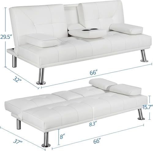 Pu Leather Convertible Futon Sofa Bed,Modern Couch Loveseat Sleeper, 3 in 1 Comfy Folding Recliner Couches Bed for Small Spaces Living Room, Adjustable Backrest, 2 Cupholders for Office (White) Xinmviec
