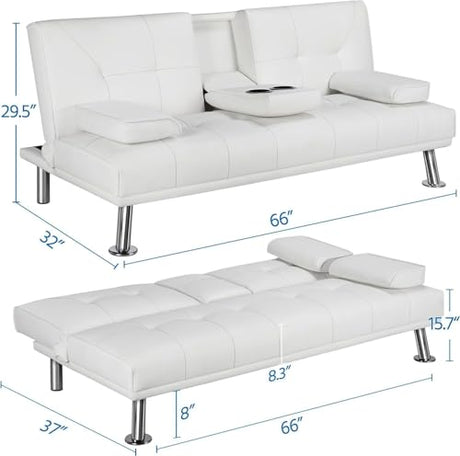 Pu Leather Convertible Futon Sofa Bed,Modern Couch Loveseat Sleeper, 3 in 1 Comfy Folding Recliner Couches Bed for Small Spaces Living Room, Adjustable Backrest, 2 Cupholders for Office (White) Xinmviec