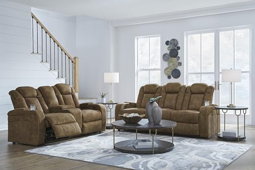 Signature Design by Ashley Wolfridge Contemporary Faux Leather Power Reclining Sofa with Drop Down Table, LED Lights, Electrical Outlet, Wireless Charging, USB Ports and Cup Holders, Light Brown Signature Design by Ashley