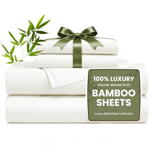 Love's cabin 4 Piece Full Size Sheet Set, Cooling Sheets, 100% Rayon Derived from Bamboo, Breathable & Soft Full Size Bed Set, Deep Pocket Up to 16", Hotel Luxury Silky Bedding Sheets, White Love's cabin
