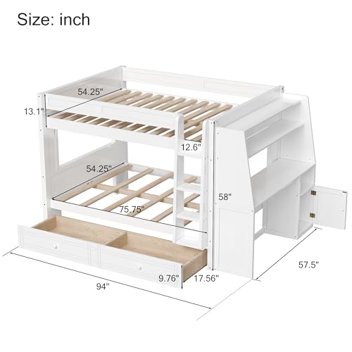 LUMISOL Full Over Full Bunk Bed with Desk and Bookshelves, Solid Wood Bunk Bed with Drawers for Kids Teens Adults, Safety Guardrail, Space-Saving Wooden Bunk Beds with Storage, White LUMISOL